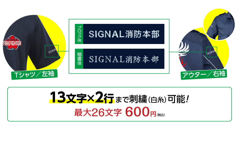 袖の団体名刺繍価格と刺繍イメージ